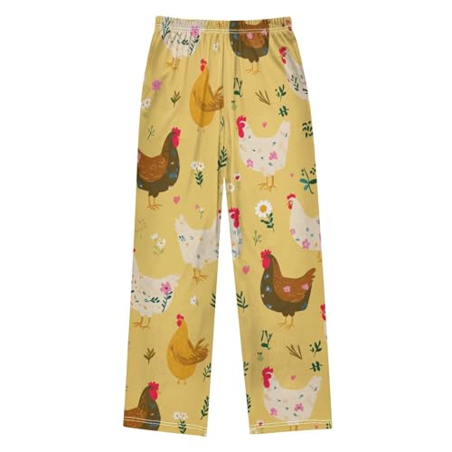 Chicken Daisy Flowers Boys Long Pants Soft Trousers Elastic Waist Kids Lounge Bottoms with Pockets S-XL2