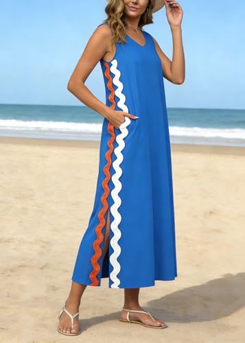 Image of utcoco Women's Summer Beach Boho Flowy Maxi Dress Casual Sleeveless V Neck Side Slit RIC Rac Tank Dress
