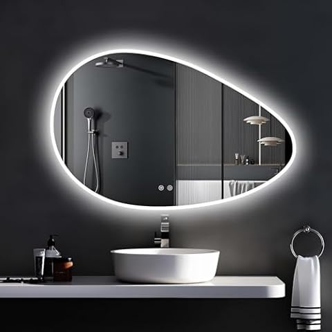 Niccy Irregular Oval LED Bathroom Mirror, 20"x32" Large Asymmetrical Front and Backlit Mirror 3 Color Temperature Fashion Bathroom Illuminated Mirror, Dimmable, Anti-Fog, IP65 Waterproof Cover