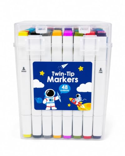 Image of Twin-Tip Marker Pens Set | Dual Tip Art Markers with Fine & Broad Nibs | Assorted Color Sketch Pens with Storage Case for Drawing, Coloring, School Projects, Kids & Adults (Pack Of 48)