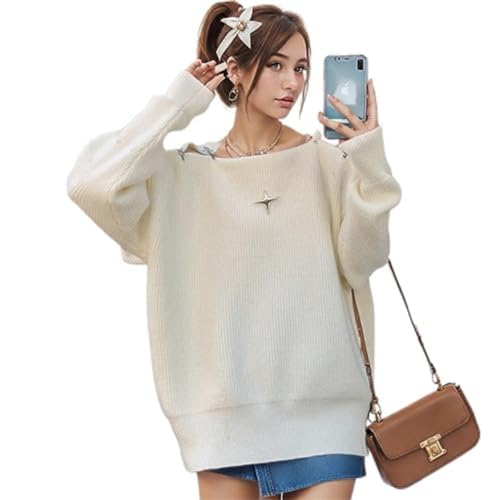 Women's 2023 Fall Casual Hollow Out Off Shoulder Sweater with Y2k Star Lazy Wind Knitted Long Sleeve Top Pullover Jumper
