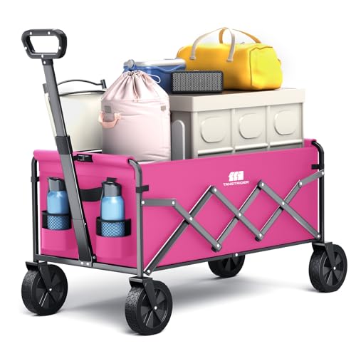 Collapsible Folding Wagon, Heavy Duty Pink Foldable Wagon Cart with Wheel, Lightweight Utility Grocery Cart with 200lbs Weight Capacity for Garden, Beach, Camping Sports, Fishing