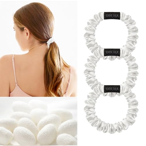 Image of THXSILK 100% Mulberry Silk Scrunchies 3-Pack, 25 Momme Mulberry Silk Hair Ties for Women, Sleek Low Profile No Damage Ponytail Holders, for Fine Hair & Everyday Use, Pearl White