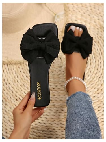 Verdusa Women'S Bow Square Toe Flat Sandals Summer Slides Slip On Sandals Black 8 thumb #5