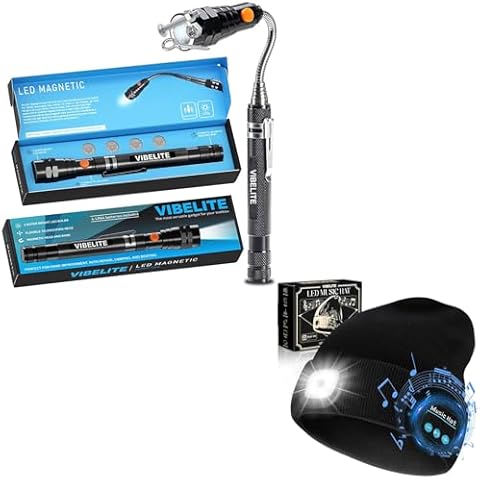 VIBELITE Extendable Magnetic Flashlight with Telescoping Magnet Pickup Tool, USB Rechargeable LED Bluetooth Beanie Hat with Light, Stocking Stuffers for Men Him Husband Boyfriend Dad Father, Black Cover