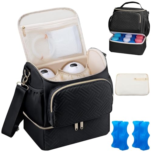 Wearable Breast Pump Bag with Cooler Compartment Compatible with Willow/Elvie/Medela/Momcozy M5/S12 Pro, Breast Milk Cooler Travel Bag with Ice Pack, Pumping Bags for Work, Black