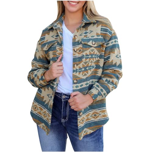 FGVFCS Vestes pour femme - Veste à manches longues boutonnées - Imprimé aztèque - Tendance - Style décontracté - Vêtements d'automne surdimensionnés - Vêtement d'extérieur élégant, Bleu (01), L