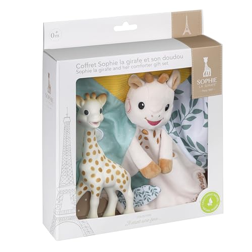 Vulli Sophie die Giraffe und ihr Kuscheltier – Babyspielzeug 0 Monate + – Naturkautschuk und sensorische Textilien – Kuscheltier mit Schnullerbefestigung – Geschenkidee zur Geburt – Kollektion Es war