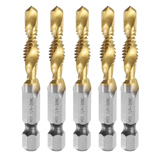 sourcing map 5pcs Combination Drill and Tap Bit, SAE 1/4-20NC Thread 1/4 Hex Shank, Titanium Coated Threading Screw Taps Spiral Flute Tapping Tool, High Speed Steel (HSS) 4341