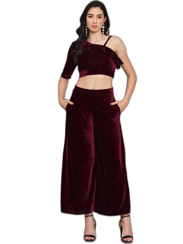 Image of Vaararo Velvet Co-Ords for Women | One Sleeve Crop Top with Palazzo Set Casual Party Dress