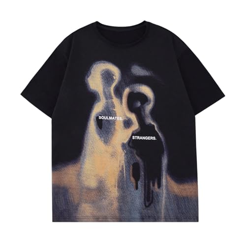 Lytiarul Men's Oversized Letter Graphic Tees Vintage Cotton T Shirt Streetwear Tees Aesthetic Unisex Shirts Grunge Tops(Black,L)