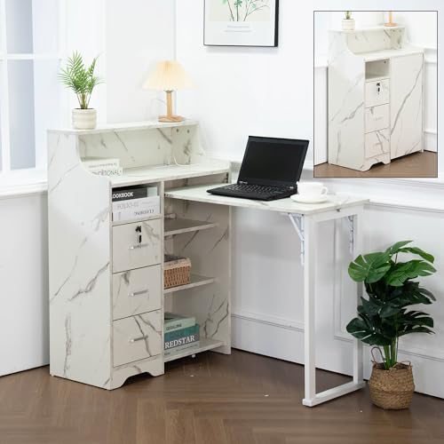 Zethvax Fold Out Desk with Storage, Hidden Desk with Lockable Drawers & Shelves, Built-in Power Outlet,Folding Desk for Study and Home Office (Marble-Effect White)