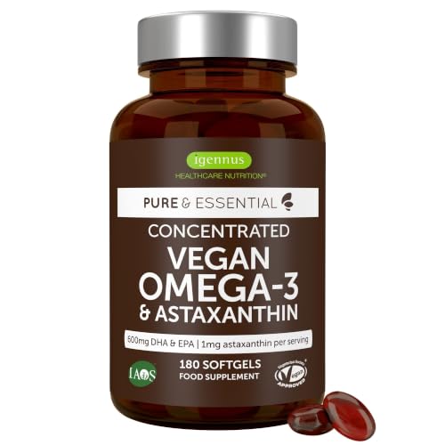 Igennus Omega 3 Vegano, Aceite de Algas & Astaxantina, 180 Cápsulas Blandas | EPA DHA 600mg, Triglicéridos Naturales de Algas, Alta Pureza Certificada IAOS, Alta biodisponibilidad, 90 Dosis