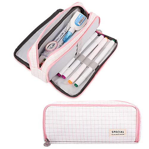 Image of iSuperb Large Pencil Case Big Capacity Pencil Pouch 3 Compartments Pen Bag Canvas Marker Pen Bag for Teen Boys Girls School Students (Plaid Pink)