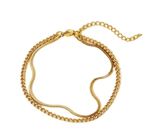 Joyandcelet Mens Bracelet Set 6.5-8In - Gold Bracelets for Men, Dainty 14K Gold Plated Stylish Snake Chain Bracelets 2mm/5mm Cuban Chain Bracelets, Gift for Men, Dad, Husband, Boyfriend