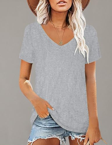 Image of Elesomo Womens T Shirts V Neck Summer Short /Long Sleeve Cotton Tops Tees