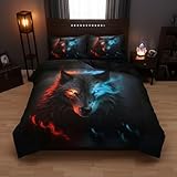 CCoutueChen Kids Boys Wolf Bedding Set Twin Size, 3D Abstract Animal Duvet Cover for Western Farmhouse Bedroom Decor, 2 Pcs Warm Microfiber Bed Set with 1 Pillowcase, 68'x86' Red Blue