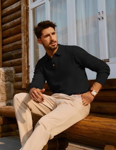 PJ PAUL JONES Mens Sweater Cable Knit Polo Collar Sweaters for Fall Winter3