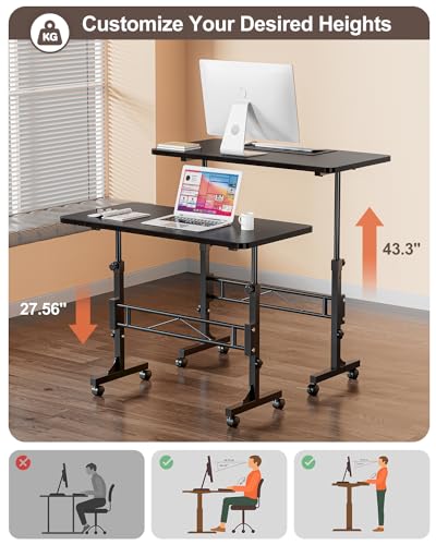 Small Standing Desk Adjustable Height, Mobile Stand Up Desk with Wheels, 32 Inch Portable Rolling Desk Small Computer Desk, Portable Laptop Desk Standing Table Black - Thumbnail 3
