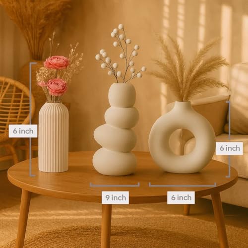 Image of SPHINX Set of 3 Modern White Ceramic Vases - Ribbed Cylinder, Pebble Stack, Donut Shape - Minimalist Home Decor Flower Vases for Pampas Grass, Living Room Table Centerpiece, Shelf Decor