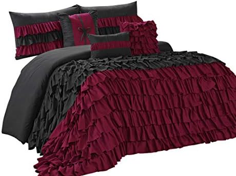 BEDnLINENS 7 Piece Comforter Set -Gray and Ivory Microfiber Full Ruffled-BRISE Bed in A Bag Cal.King Size-Soft, Hypoallergenic,Fade Resistant-1 Comforter,2 Shams,3 Decorative Pillows,1 Bedskirt