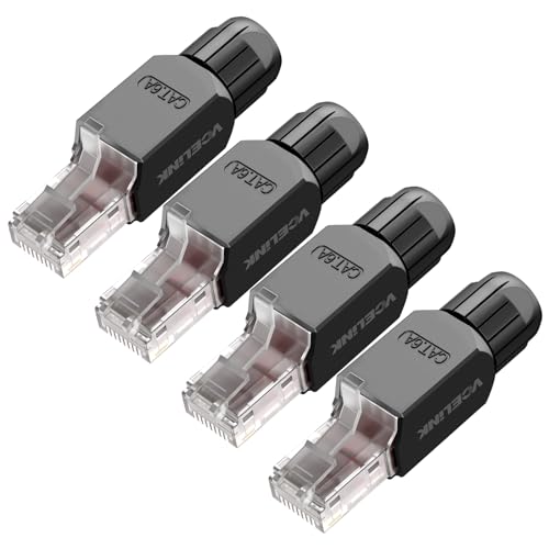 VCELINK Cat6A RJ45 Stecker Werkzeuglos, 10 Gbit/s 500 MHz, Vergoldeter Netzwerkstecker Wiederverwendbar, Kompatibel mit Router, Switch, Glasfaser-Modem und PC, Schwarz, 4 Stück