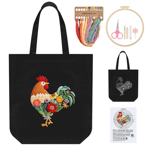 ERKOON Canvas Tote Bag Embroidery Kit for Beginners, Needlepoint Arts Crafts Cross Stitch Kits for Adults Including Stamped Embroidery Bag with Hoops, Needle, Instruction and Color Threads (Rooster)
