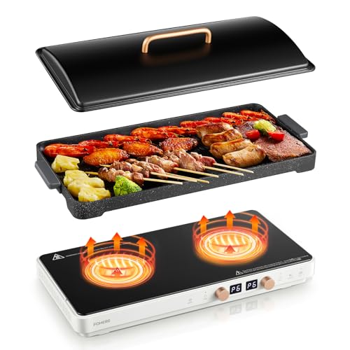 Induction Cooktop 2 Burners, Double Induction Hot Plate with Removable Iron Cast Griddle Pan Non-stick, Independent Temperature Control,Touch 8 Power Levels, 99 Min Timer for Magnetic Cookware