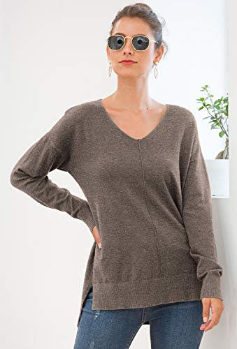 Jouica Womens V Neck Sweatshirt Side Split Loose Casual Sweater,Brown,Small #TOP2