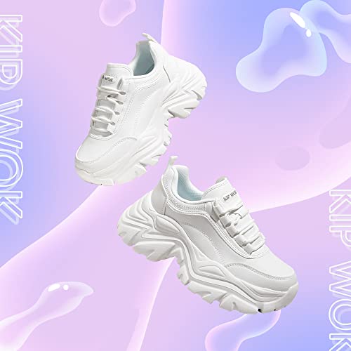 K KIP WOK Chunky Sneakers for Women Fashion Platform White Leather Casual Dad Shoes Comfortable Wedge Walking Sport Sneakers3