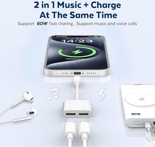 Image of Dual USB C Headphone & Charge Adapter 2in1 Type C Audio Cable Dongle PD 60W Fast Charging Support Call Music for iPhone 17 16 15 Series, Pixel 7 6 5, Galaxy S25 to S21 & All C Models-White