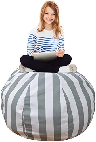 Stuffed Animal Storage Bean Bag –Extra Large Organization Sack Chair- Premium Quality Cotton Canvas- Easy Solution for Extra Toys / Blankets / Covers / Towels / Clothes -38 inches, Grey Striped