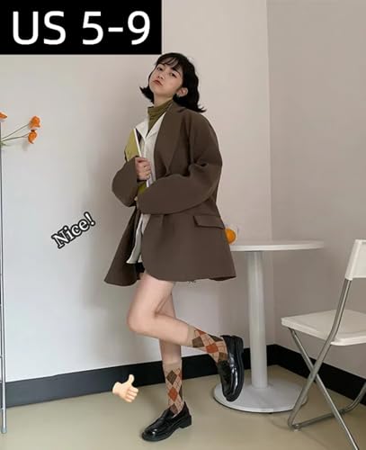 Argyle Socks Retro Big Diamond Lattice High Ankle Women Cotton 6 Pairs Double-Needle Double-Layer Crew Sock3