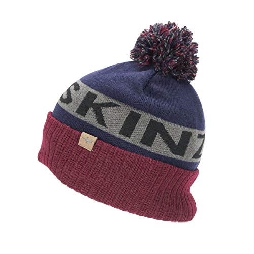 SEALSKINZ Unisex Water Repellent Cold Weather Bobble Hat - Navy Blue/Grey/Red, 2X-Large