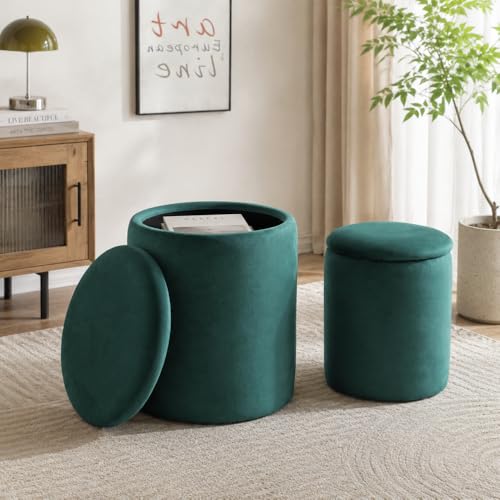 Round Storage Ottoman with Removable Lid, 2-Piece Upholstered Vanity Stool with Hidden Storage Space, Multi-Functional Round Ottoman Bench for Living Room, Bedroom, Entryway (Blackish Green)