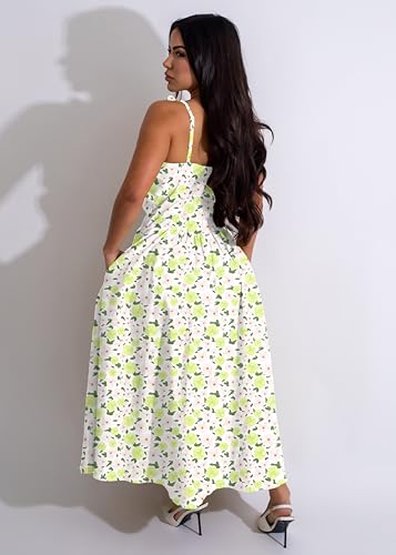 Image of YUEWOO Midi Dresses for Women Casual Summer Sundresses Vacation Outfits Spaghetti Strap Smocked Women Maxi Dress with Pockets