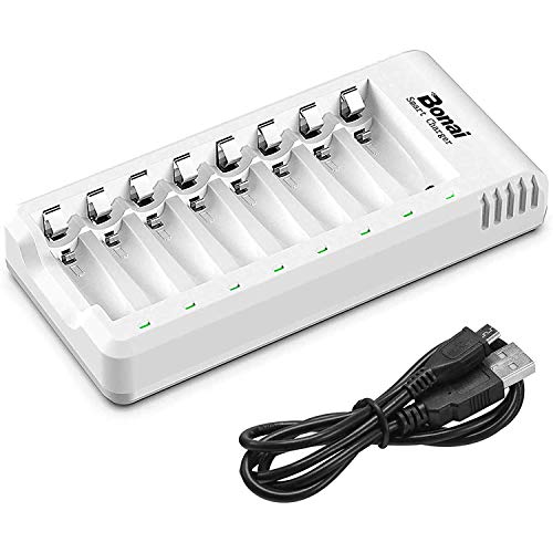BONAI Akku Ladegerät 8 Slot Batterieladegerät LED Akkuladegerät für AA/AAA NI-MH NI-CD Wiederaufladbare Batterien mit USB Port