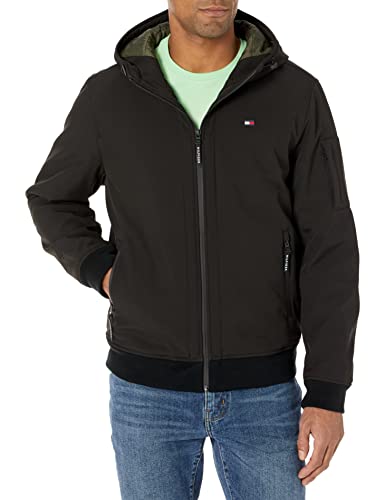 Image of Tommy Hilfiger Men's Soft Shell Fashion Bomber With Contrast Bib and Hood