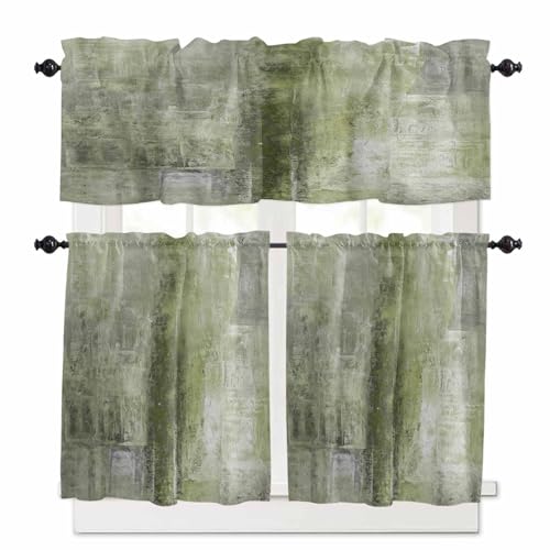 Sage Green Oil Painting Kitchen Curtains 36 Inch Length,3 Piece Rod Pocket Small Half Tiers and Valance Set,Modern Abstract Graffiti Street Art Small Large Window Treatment Decor for Bedroom/Bathroom