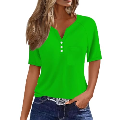 T-shirts pour femmes à manches courtes avec col en V boutonné - Chemisiers Henley d'été décontractés - Hauts unis basiques, vert fluorescent, XL