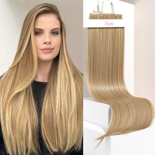 REECHO Clip in Hair Extensions, Hair Extensions Thick Long Lace Weft Lightweight Synthetic Hairpieces for Women (24 Inch-240 Gram(Pack of 5), Dark Blonde with Highlights)