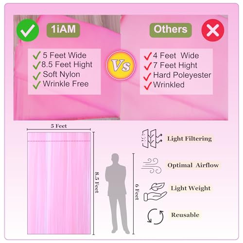 Image of 1iAM 2pcs Pink Decoration Net Curtains - Large Size, Stitched with Ribbon, Nylon Made, Reusable, Soft, Wrinkled Free, 8.5x5ft Each, Backdrop Net for Birthday, Anniversary Party Decoration
