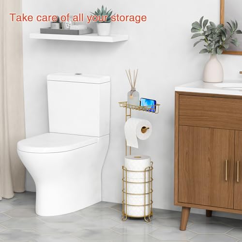 Goozii GZPH24-002 TOILET PAPER HOLDER GOLD Gold Free Standing Toilet Paper Holder Stand With Phone Shelf, Floor Bathroom Tissue Holder thumb #1