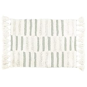 The Linen Yard Tassel Stitch Bath Mat, Cotton, Green/Ivory