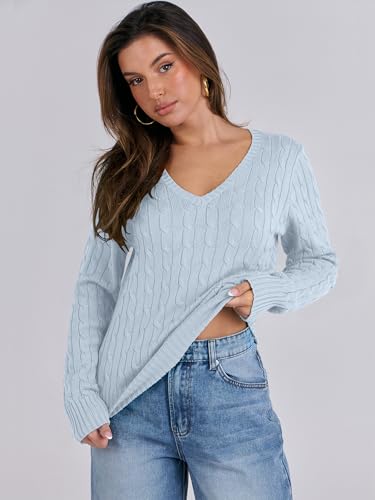 Image of ANRABESS Women's Cable Knit V Neck Fitted Sweaters