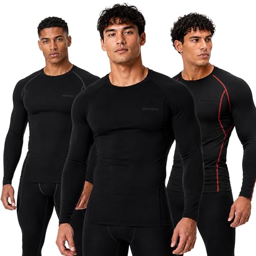 DEVOPS 3 Pack Men's UPF 50+ Long Sleeve Compression Baselayer Shirts Quick Dry, Cool Gear for Running Gym and Workouts (Small, Black/Black/Black)
