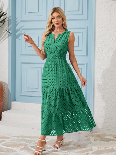 Image of Women 2025 Summer Maxi Dress Casual V Neck Sundress Sleeveless Hollow Out Eyelet a Line Long Flowy Beach Vacation