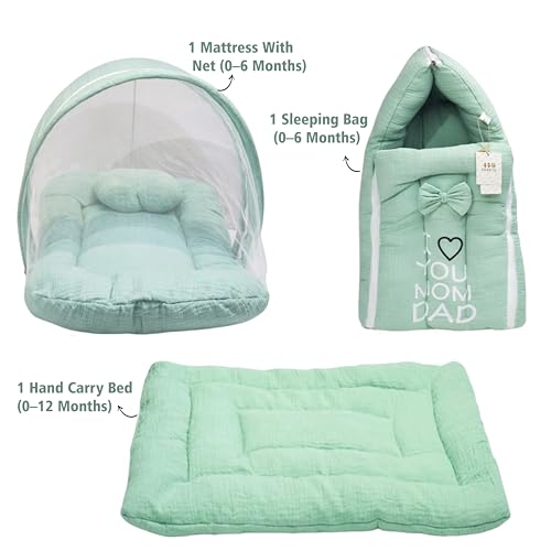 Image of Fareto Newborn Baby 100% Muslin Cotton Sleeping Bag & Mosquito Net &Hand Carry Bed | Safe, Soft & Portable Baby Bed | Baby Bedding Set(0-1 Year) (M Green)