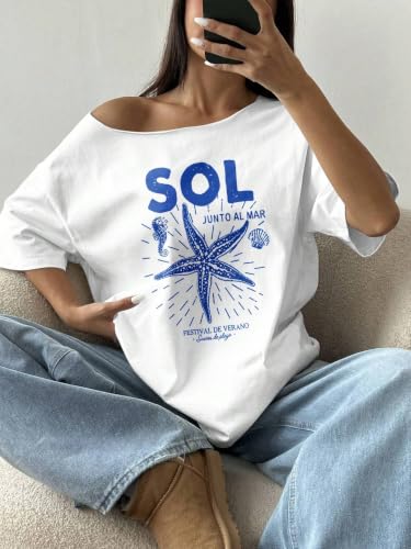 Image of SXV STYLE SOL Women Summer Loose Asymmetrical Neck Cocktail Fruit Orange Y2K Graphic Oversized T-Shirt