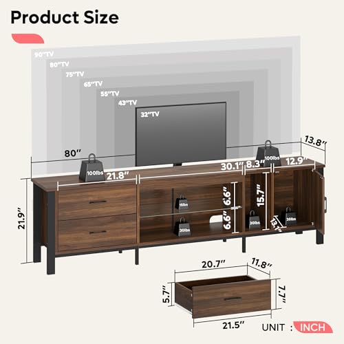 Image of Bestier TV Stand for 75 /80 /85 inch TV, LED Gaming Entertainment Center, Modern TV Cabinet with Glass Shelves for Living Room, Media Console with 2 Storage Drawers & Cabinets for Bedroom, Walnut